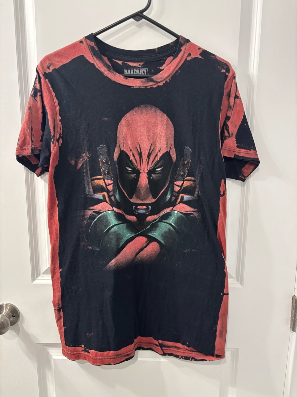 Marvel Deadpool Red & Black Acid Wash/Tie-Dye Graphic T-Shirt